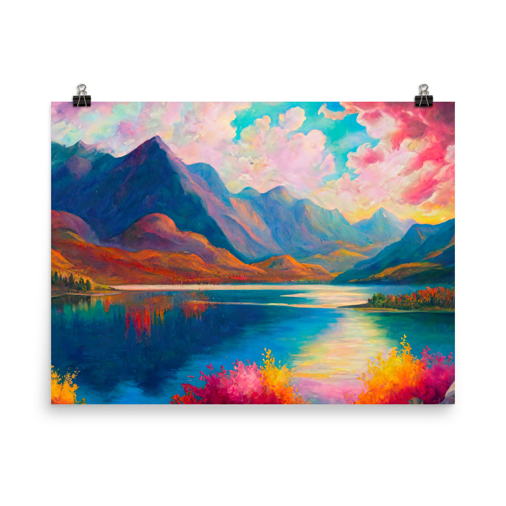 Berglandschaft und Bergsee - Farbige Ölmalerei - Poster berge xxx 45.7 x 61 cm