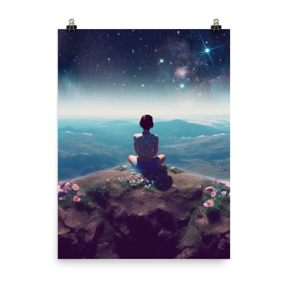 Frau sitzt auf Berg – Cosmos und Sterne im Hintergrund - Landschaftsmalerei - Poster berge xxx 45.7 x 61 cm