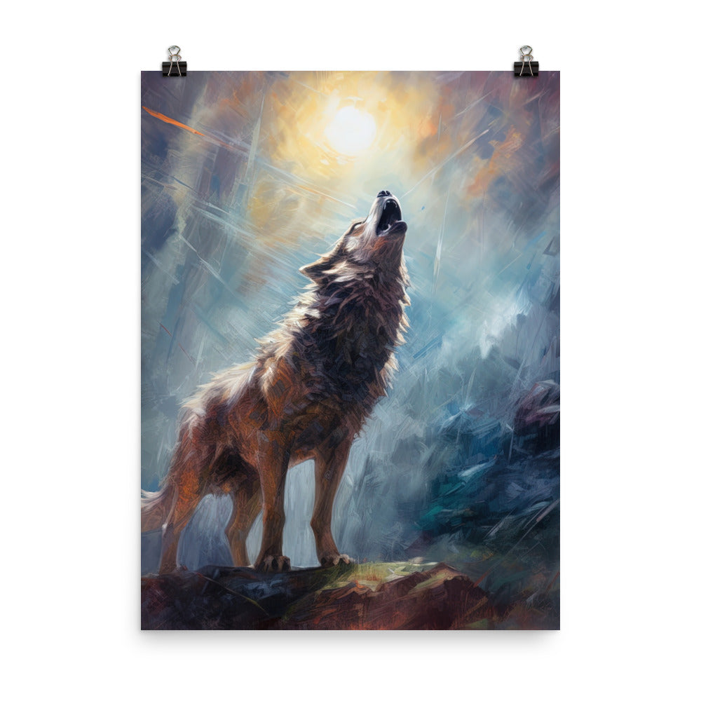 Heulender Wolf auf Berggipfel und Mond im Hintergrund – Abstrakte Malerei - Poster camping xxx 45.7 x 61 cm