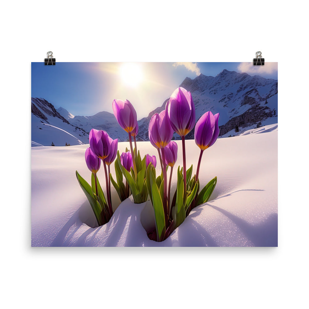 Tulpen im Schnee und in den Bergen - Blumen im Winter - Poster berge xxx 45.7 x 61 cm