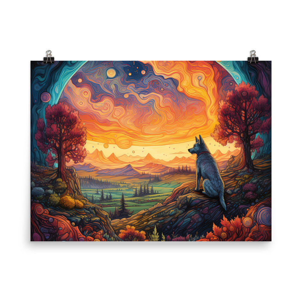Hund auf Felsen - Epische bunte Landschaft - Malerei - Poster camping xxx 45.7 x 61 cm