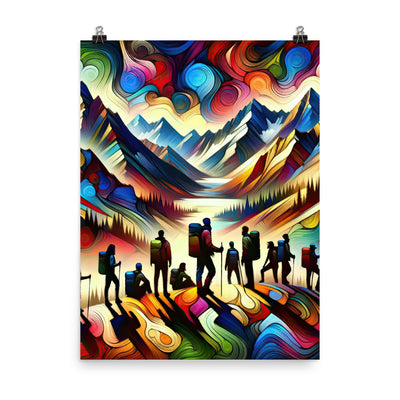 Abstraktes Kunstgemälde der Alpen voller lebendiger Muster. Ein vielfältiges Wanderteam, sowohl Männer als auch Frauen - Enhanced Matte wandern xxx yyy zzz 45.7 x 61 cm