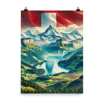 Berg Panorama: Schneeberge und Täler mit Schweizer Flagge - Poster berge xxx yyy zzz 45.7 x 61 cm