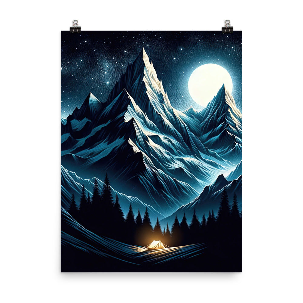 Alpennacht mit Zelt: Mondglanz auf Gipfeln und Tälern, sternenklarer Himmel - Poster berge xxx yyy zzz 45.7 x 61 cm