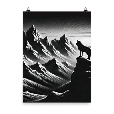 Kohlezeichnung, die die stille Stille der Alpen in der Winterdämmerung verkörpert. Wolf auf einem Berghügel (AN) - Enhanced Matte Paper xxx yyy zzz 45.7 x 61 cm