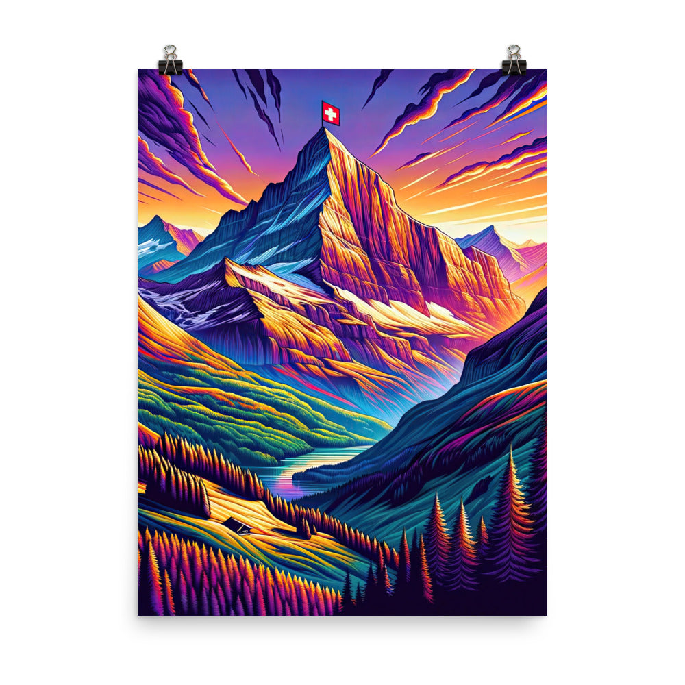 Bergpracht mit Schweizer Flagge: Farbenfrohe Illustration einer Berglandschaft - Poster berge xxx yyy zzz 45.7 x 61 cm