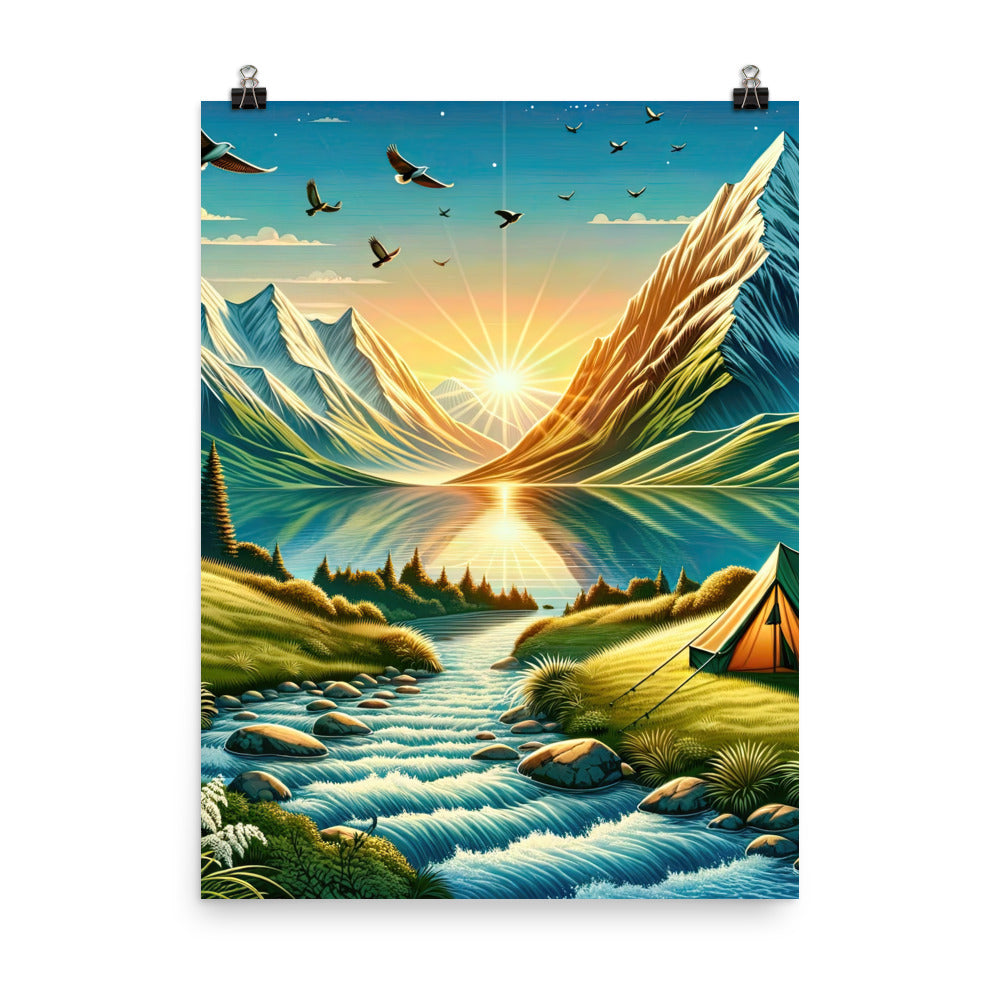 Zelt im Alpenmorgen mit goldenem Licht, Schneebergen und unberührten Seen - Poster berge xxx yyy zzz 45.7 x 61 cm