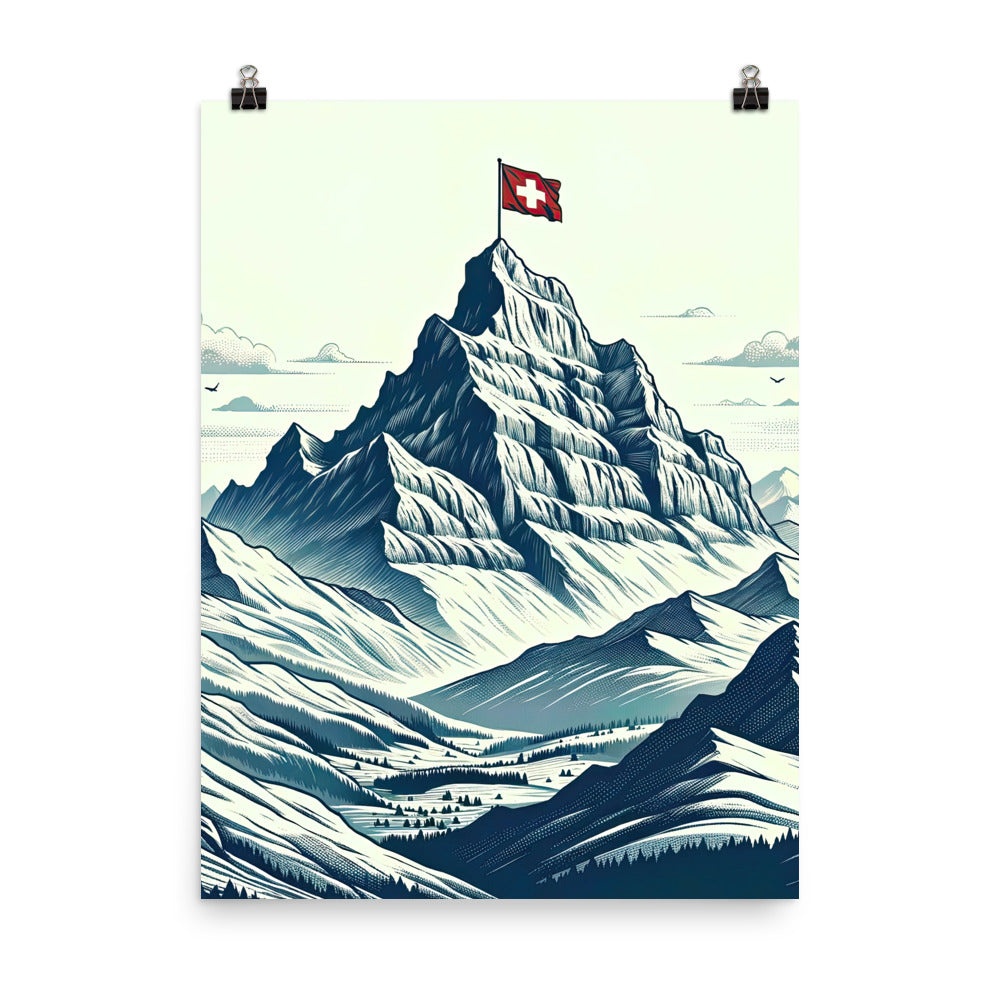 Ausgedehnte Bergkette mit dominierendem Gipfel und wehender Schweizer Flagge - Poster berge xxx yyy zzz 45.7 x 61 cm