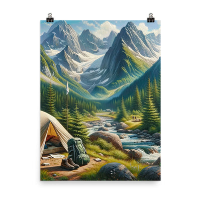 Ölgemälde der Alpensommerlandschaft mit Zelt, Gipfeln, Wäldern und Bächen - Poster camping xxx yyy zzz 45.7 x 61 cm