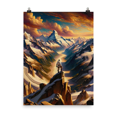 Ölgemälde eines Wanderers auf einem Hügel mit Panoramablick auf schneebedeckte Alpen und goldenen Himmel - Enhanced Matte Paper Poster wandern xxx yyy zzz 45.7 x 61 cm