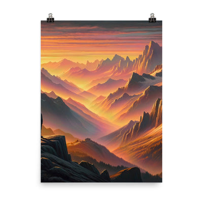 Ölgemälde der Alpen in der goldenen Stunde mit Wanderer, Orange-Rosa Bergpanorama - Poster wandern xxx yyy zzz 45.7 x 61 cm