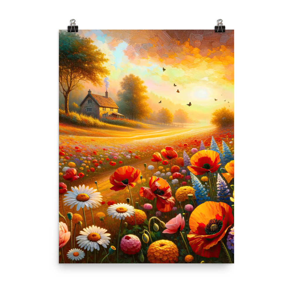 Ölgemälde eines Blumenfeldes im Sonnenuntergang, leuchtende Farbpalette - Poster camping xxx yyy zzz 45.7 x 61 cm