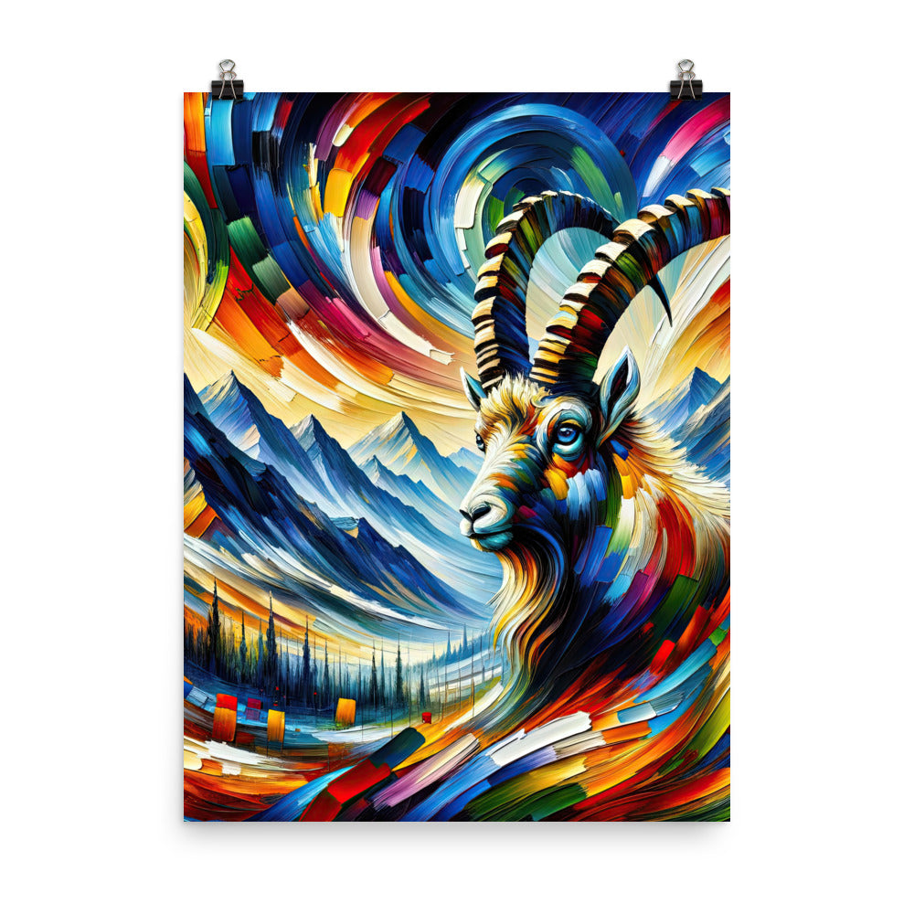 Alpen-Ölgemälde mit kräftigen Farben und Bergsteinbock in lebendiger Szenerie - Poster berge xxx yyy zzz 45.7 x 61 cm