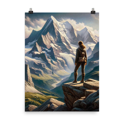Ölgemälde der Alpengipfel mit Schweizer Abenteurerin auf Felsvorsprung - Poster wandern xxx yyy zzz 45.7 x 61 cm