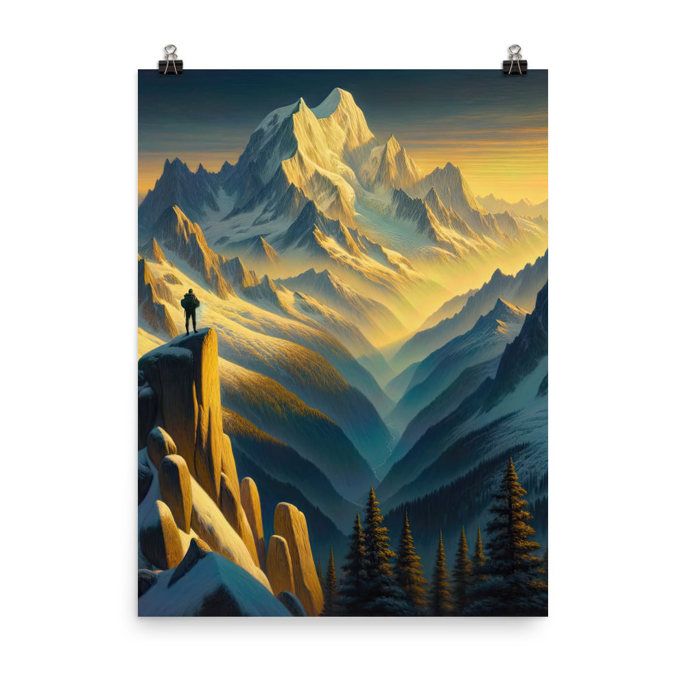 Ölgemälde eines Wanderers bei Morgendämmerung auf Alpengipfeln mit goldenem Sonnenlicht - Poster wandern xxx yyy zzz 45.7 x 61 cm