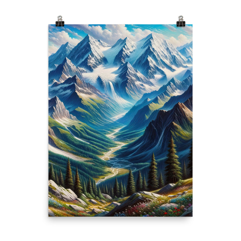Panorama-Ölgemälde der Alpen mit schneebedeckten Gipfeln und schlängelnden Flusstälern - Poster berge xxx yyy zzz 45.7 x 61 cm