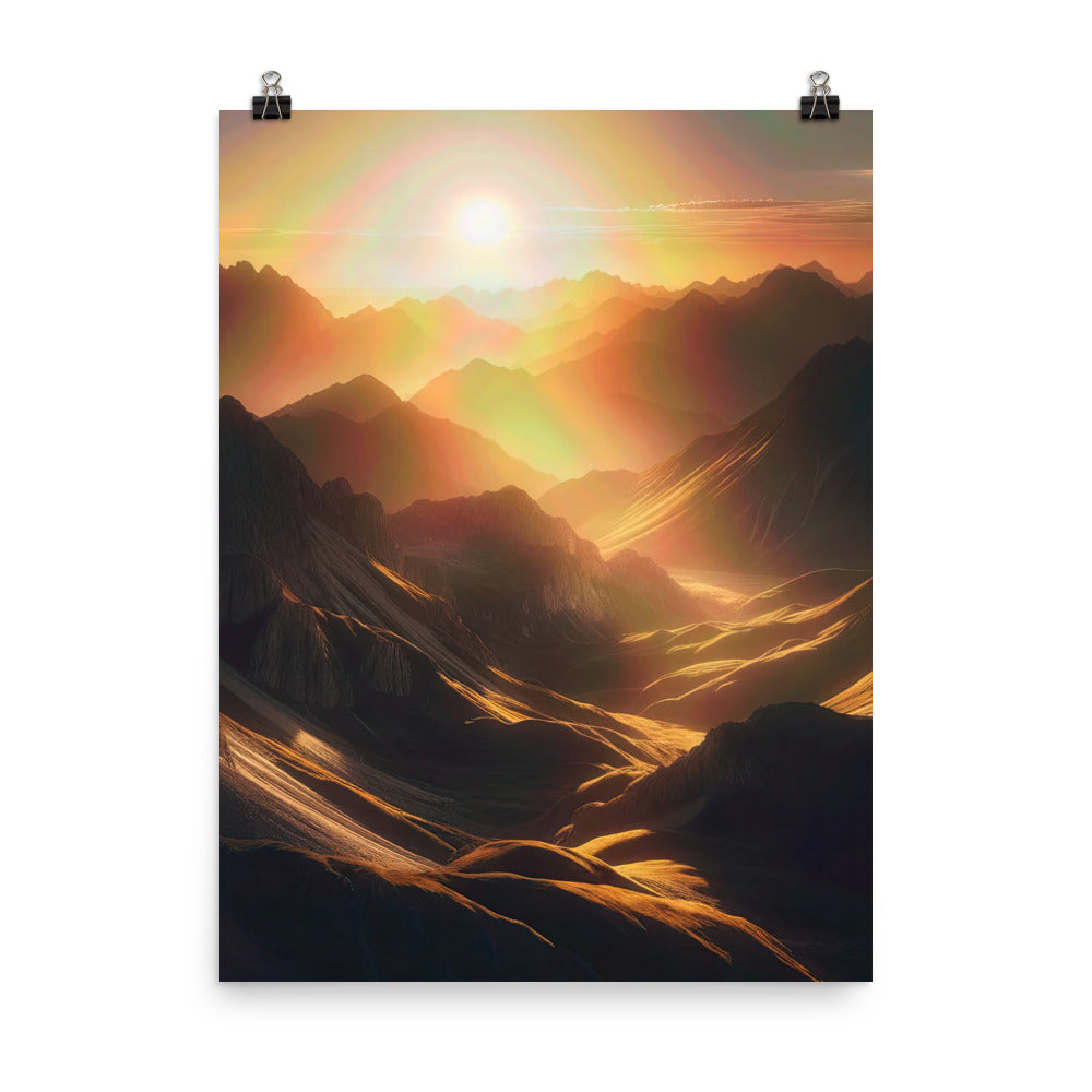 Foto der goldenen Stunde in den Bergen mit warmem Schein über zerklüftetem Gelände - Poster berge xxx yyy zzz 45.7 x 61 cm