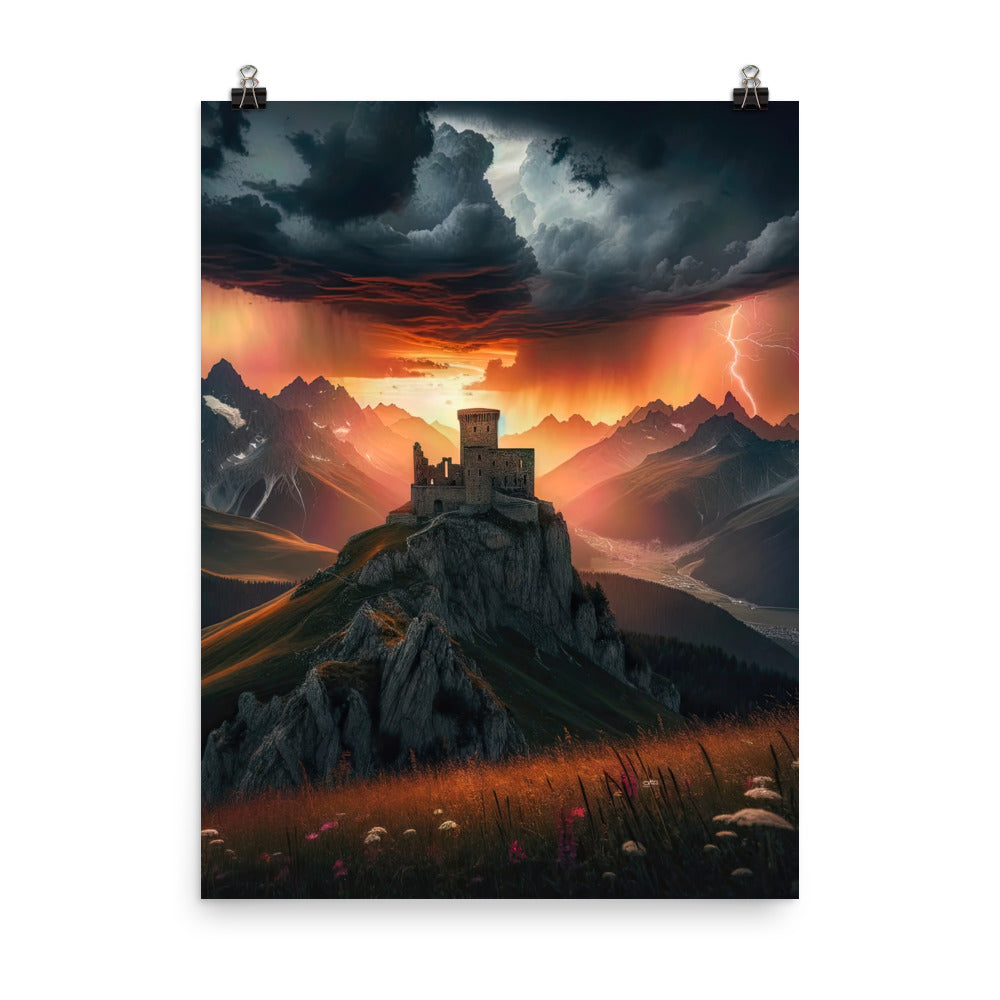 Foto einer Alpenburg bei stürmischem Sonnenuntergang, dramatische Wolken und Sonnenstrahlen - Poster berge xxx yyy zzz 45.7 x 61 cm