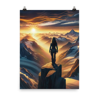 Fotorealistische Darstellung der Alpen bei Sonnenaufgang, Wanderin unter einem gold-purpurnen Himmel - Poster wandern xxx yyy zzz 45.7 x 61 cm