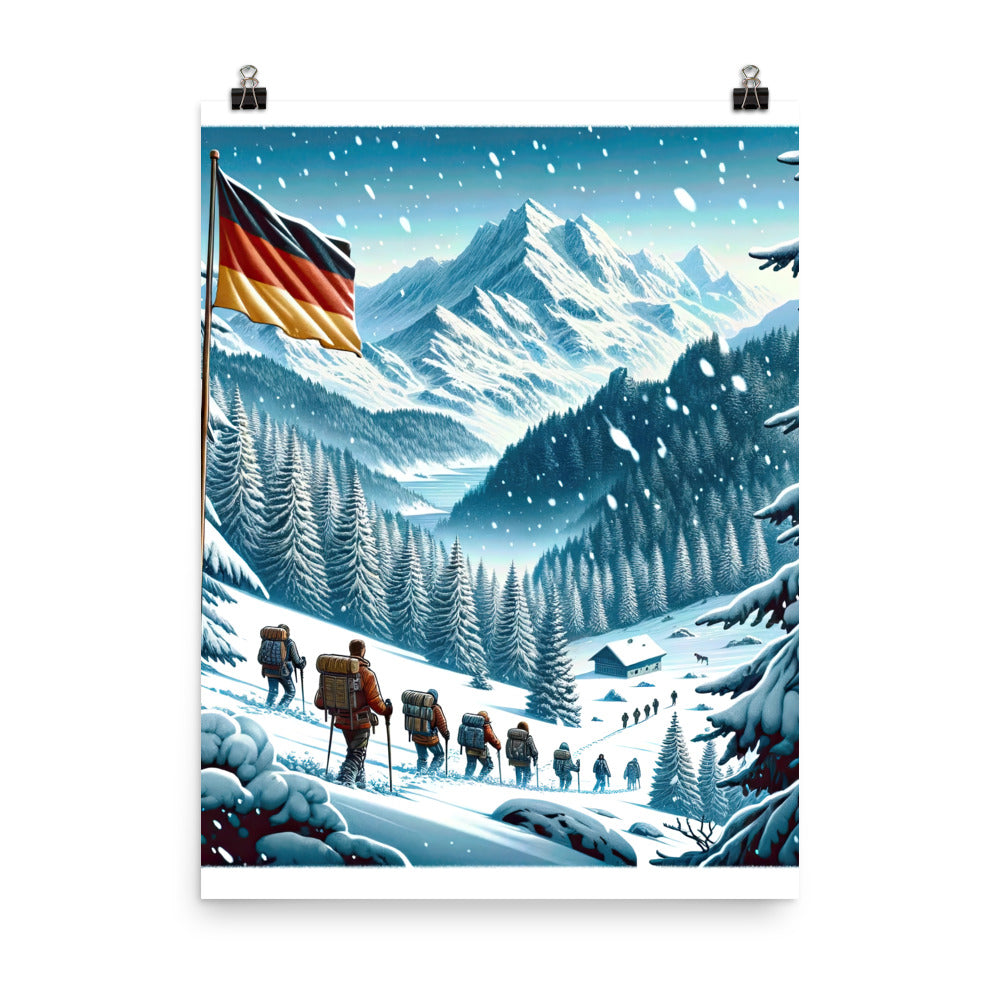 Quadratische Winterillustration der Alpen mit deutscher Flagge und Wanderteam - Poster wandern xxx yyy zzz 45.7 x 61 cm