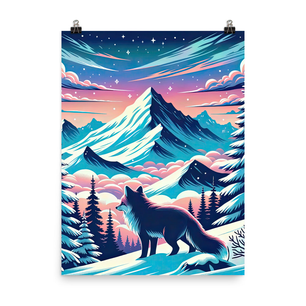 Vektorgrafik eines alpinen Winterwunderlandes mit schneebedeckten Kiefern und einem Fuchs - Poster camping xxx yyy zzz 45.7 x 61 cm