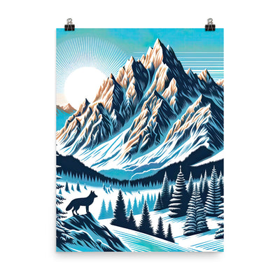 Vektorgrafik eines Wolfes im winterlichen Alpenmorgen, Berge mit Schnee- und Felsmustern - Poster berge xxx yyy zzz 45.7 x 61 cm