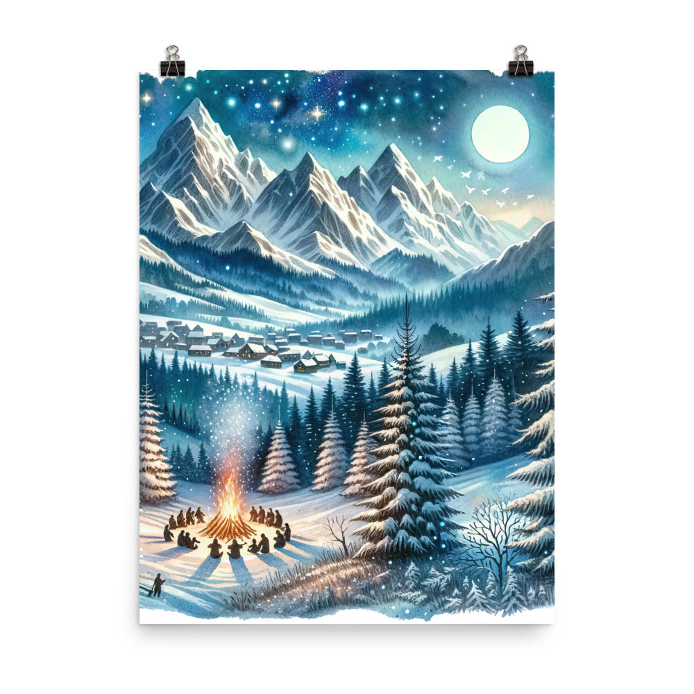 Aquarell eines Winterabends in den Alpen mit Lagerfeuer und Wanderern, glitzernder Neuschnee - Poster camping xxx yyy zzz 45.7 x 61 cm