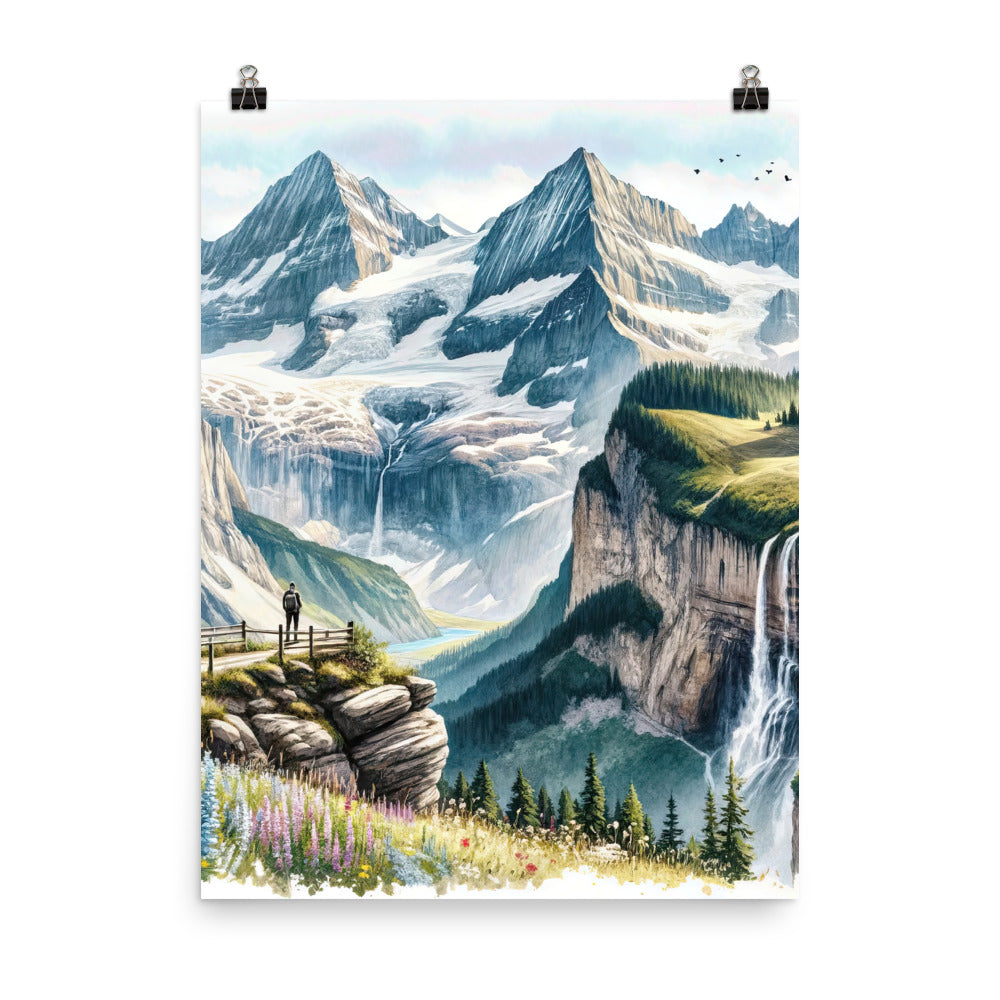 Aquarell-Panoramablick der Alpen mit schneebedeckten Gipfeln, Wasserfällen und Wanderern - Poster wandern xxx yyy zzz 45.7 x 61 cm