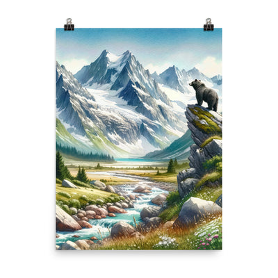 Aquarellmalerei eines Bären und der sommerlichen Alpenschönheit mit schneebedeckten Ketten - Poster camping xxx yyy zzz 45.7 x 61 cm