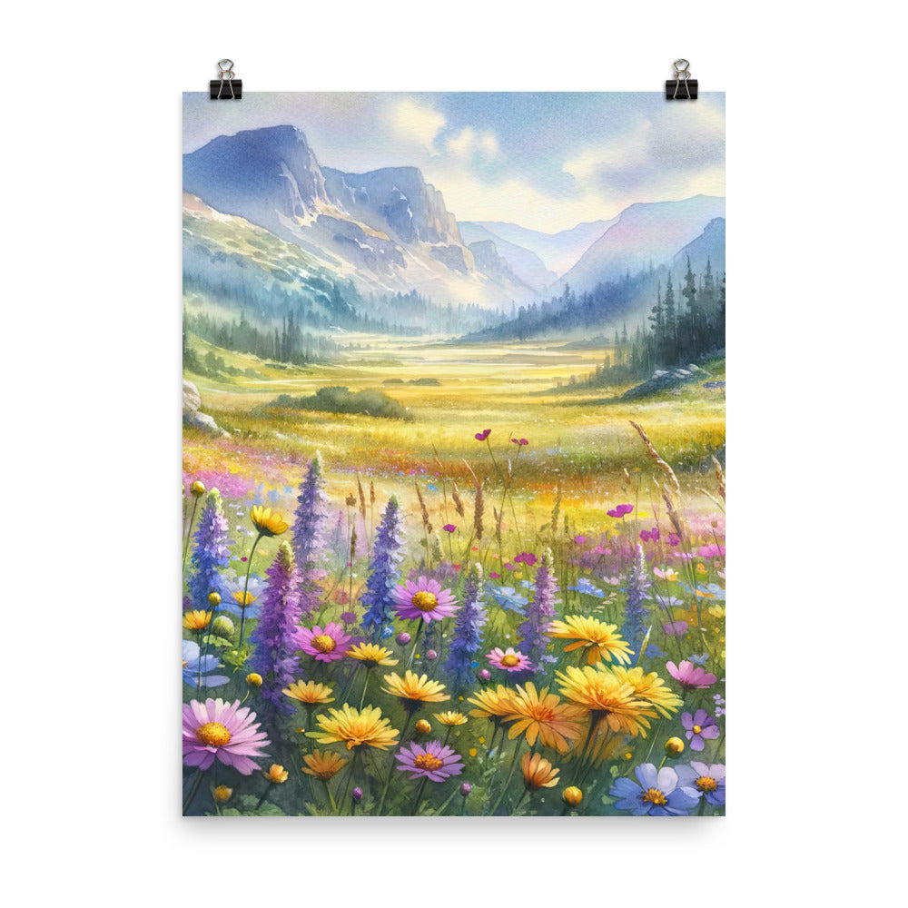 Aquarell einer Almwiese in Ruhe, Wildblumenteppich in Gelb, Lila, Rosa - Poster berge xxx yyy zzz 45.7 x 61 cm