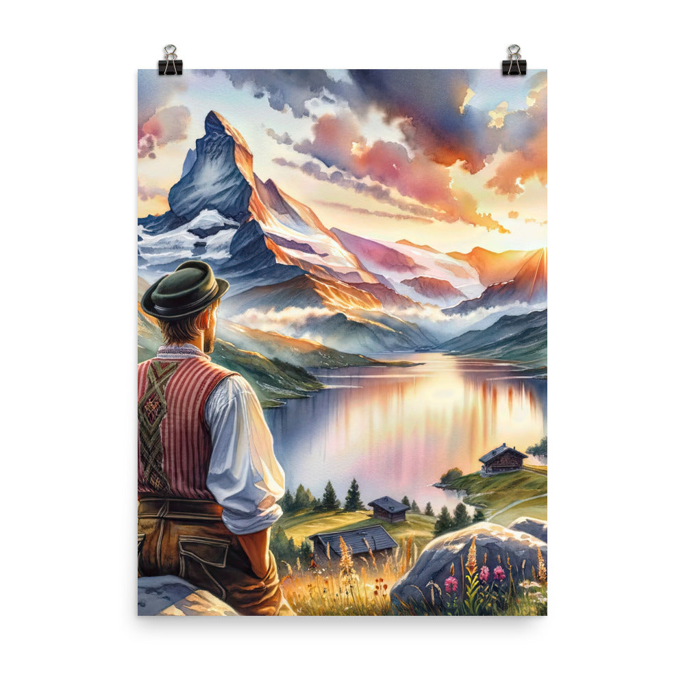 Aquarell einer Berglandschaft in der goldenen Stunde mit österreichischem Wanderer - Poster wandern xxx yyy zzz 45.7 x 61 cm