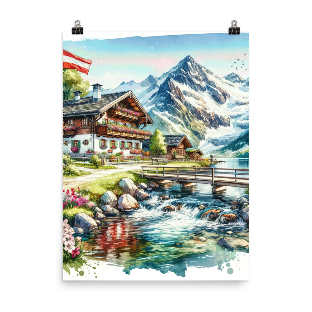 Aquarell der frühlingshaften Alpenkette mit österreichischer Flagge und schmelzendem Schnee - Poster berge xxx yyy zzz 45.7 x 61 cm