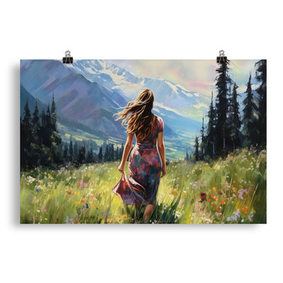 Frau mit langen Kleid im Feld mit Blumen - Berge im Hintergrund - Malerei - Poster berge xxx 50.8 x 76.2 cm