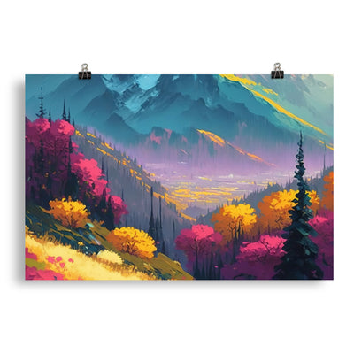 Berge, pinke und gelbe Bäume, sowie Blumen - Farbige Malerei - Poster berge xxx 50.8 x 76.2 cm