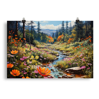 Berge, schöne Blumen und Bach im Wald - Poster berge xxx 50.8 x 76.2 cm