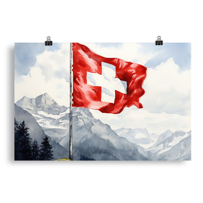 Schweizer Flagge und Berge im Hintergrund - Epische Stimmung - Malerei - Poster berge xxx 50.8 x 76.2 cm