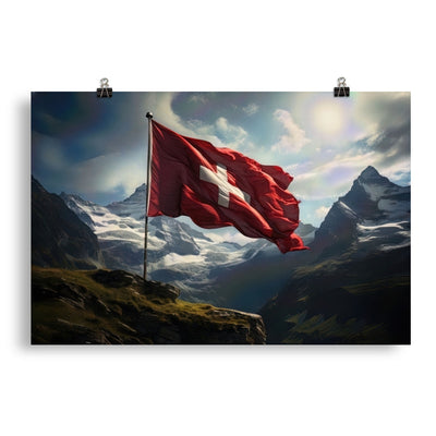Schweizer Flagge und Berge im Hintergrund - Fotorealistische Malerei - Poster berge xxx 50.8 x 76.2 cm