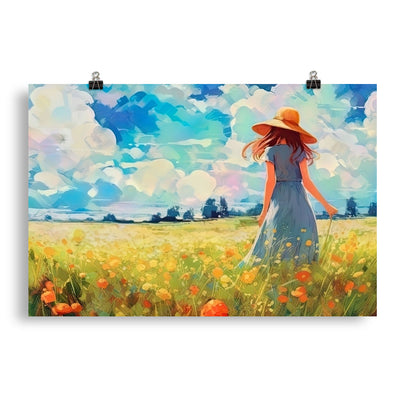 Dame mit Hut im Feld mit Blumen - Landschaftsmalerei - Poster camping xxx 50.8 x 76.2 cm