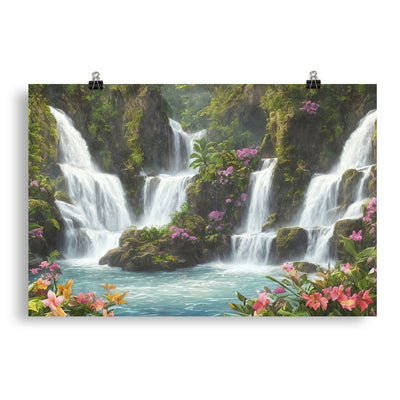 Wasserfall im Wald und Blumen - Schöne Malerei - Poster camping xxx 50.8 x 76.2 cm