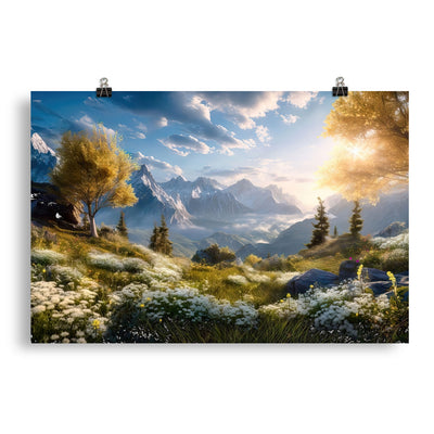 Berglandschaft mit Sonnenschein, Blumen und Bäumen - Malerei - Poster berge xxx 50.8 x 76.2 cm