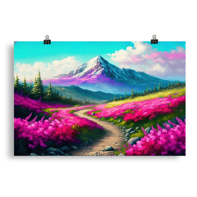 Berg, pinke Blumen und Wanderweg - Landschaftsmalerei - Poster berge xxx 50.8 x 76.2 cm