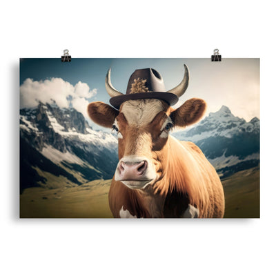 Kuh mit Hut in den Alpen - Berge im Hintergrund - Landschaftsmalerei - Poster berge xxx 50.8 x 76.2 cm