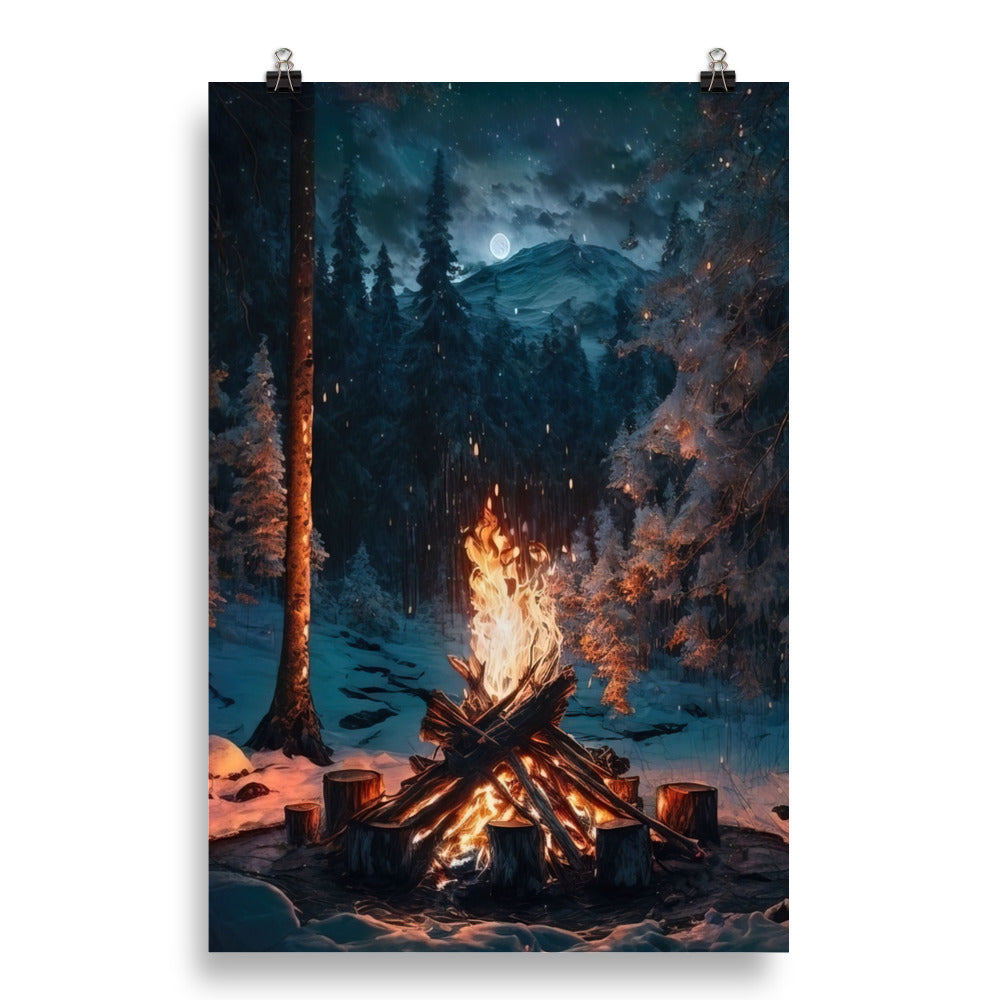 Lagerfeuer beim Camping - Wald mit Schneebedeckten Bäumen - Malerei - Poster camping xxx 50.8 x 76.2 cm