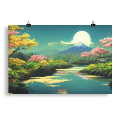 Berg, See und Wald mit pinken Bäumen - Landschaftsmalerei - Poster berge xxx 50.8 x 76.2 cm