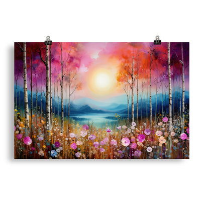 Berge, See, pinke Bäume und Blumen - Malerei - Poster berge xxx 50.8 x 76.2 cm
