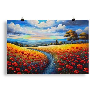 Feld mit roten Blumen und Berglandschaft - Landschaftsmalerei - Poster berge xxx 50.8 x 76.2 cm