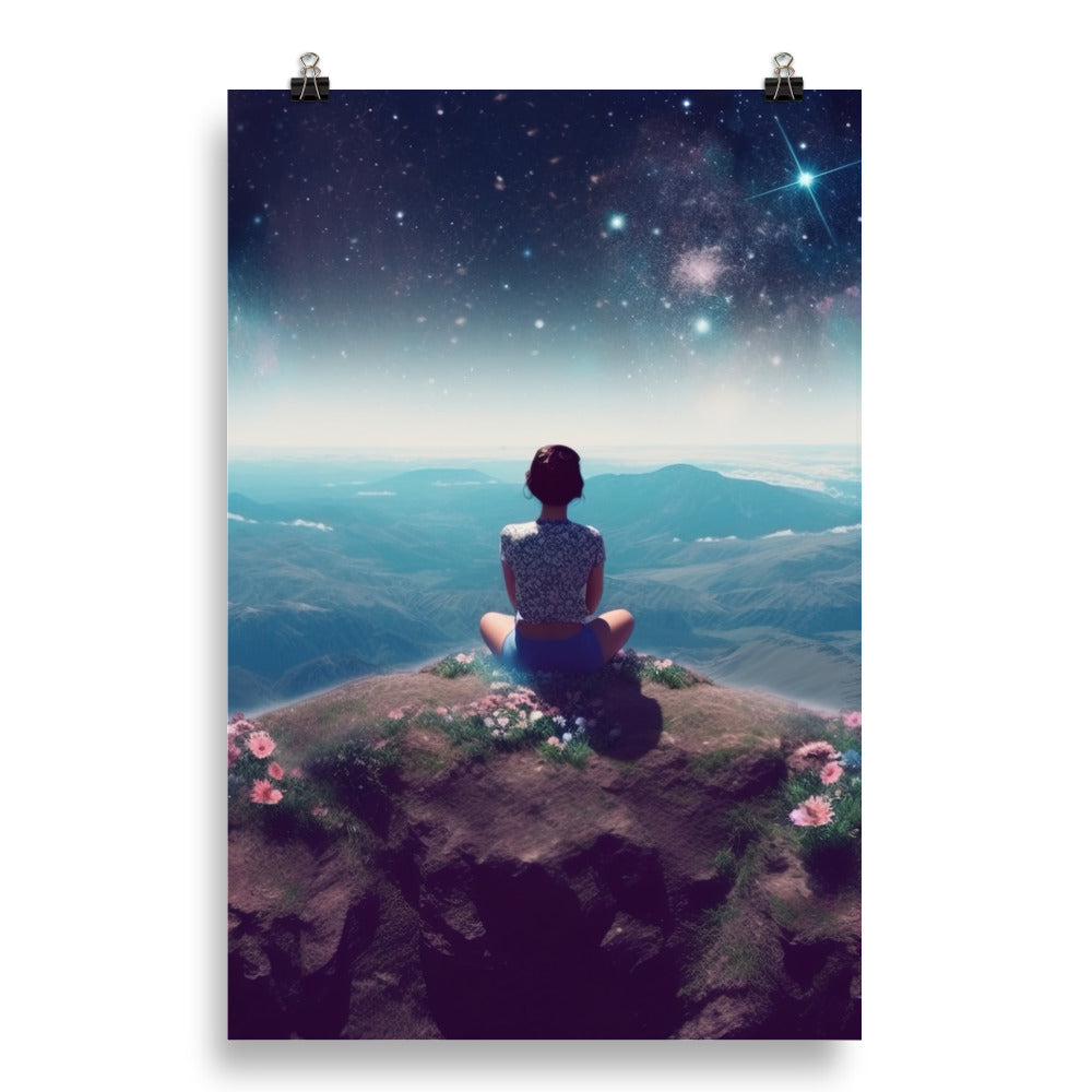 Frau sitzt auf Berg – Cosmos und Sterne im Hintergrund - Landschaftsmalerei - Poster berge xxx 50.8 x 76.2 cm