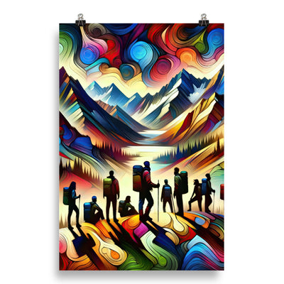 Abstraktes Kunstgemälde der Alpen voller lebendiger Muster. Ein vielfältiges Wanderteam, sowohl Männer als auch Frauen - Enhanced Matte wandern xxx yyy zzz 50.8 x 76.2 cm