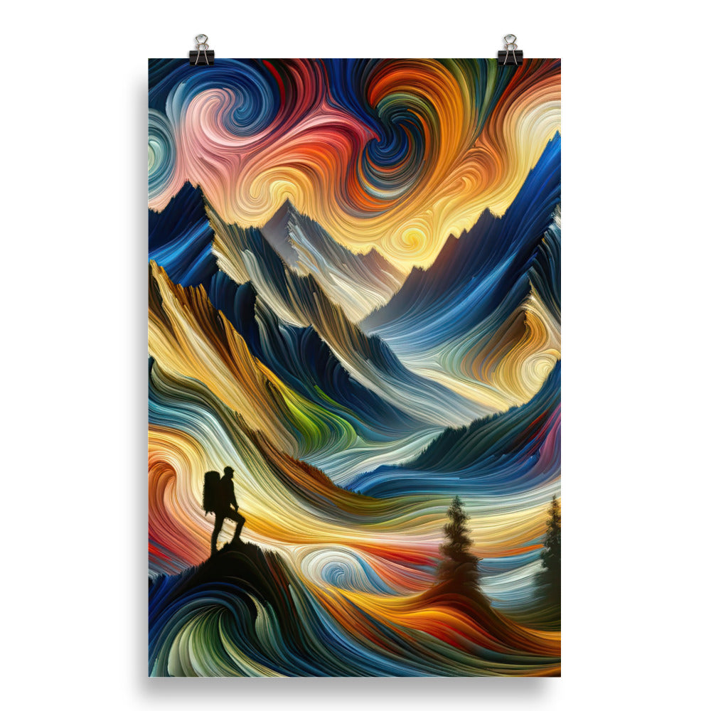Abstraktes Kunstgemälde der Alpen mit wirbelnden, lebendigen Farben und dynamischen Mustern. Wanderer Silhouette - Enhanced Matte Paper wandern xxx yyy zzz 50.8 x 76.2 cm