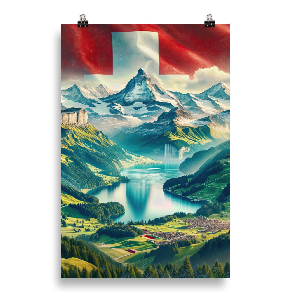 Berg Panorama: Schneeberge und Täler mit Schweizer Flagge - Poster berge xxx yyy zzz 50.8 x 76.2 cm